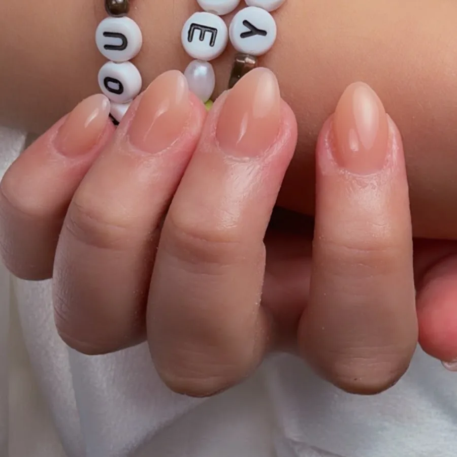 Almond gel manicure in a sheer pink nude at Yudy's Queen Nails in Palm Beach Gardens